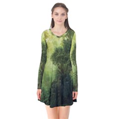 Green Beautiful Jungle Long Sleeve V-neck Flare Dress