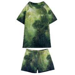 Green Beautiful Jungle Kids  Swim Tee And Shorts Set