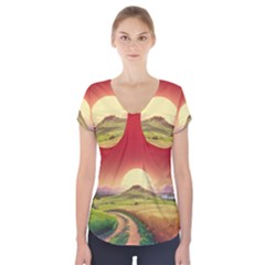 Landscape Sunset Orange Sky Pathway Art Short Sleeve Front Detail Top