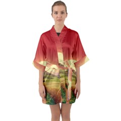 Landscape Sunset Orange Sky Pathway Art Half Sleeve Satin Kimono 