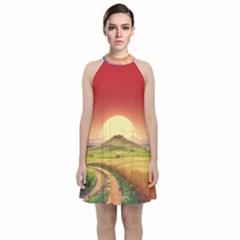 Landscape Sunset Orange Sky Pathway Art Velvet Halter Neckline Dress 