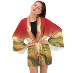 Landscape Sunset Orange Sky Pathway Art Long Sleeve Kimono