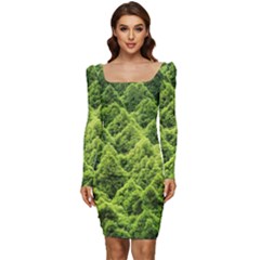 Green Pine Forest Women Long Sleeve Ruched Stretch Jersey Dress