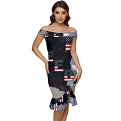 Freedom Patriotic American Usa Off Shoulder Ruffle Split Hem Bodycon Dress by Ravend