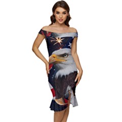 Fourth Of July Independence Day Usa American Pride Off Shoulder Ruffle Split Hem Bodycon Dress by Ravend