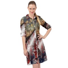 Independence Day Background Abstract Grunge American Flag Long Sleeve Mini Shirt Dress by Ravend