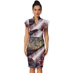 Independence Day Background Abstract Grunge American Flag Vintage Frill Sleeve V-neck Bodycon Dress by Ravend