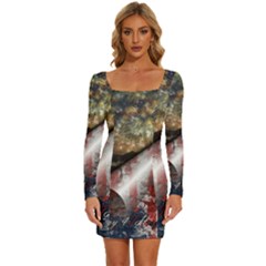 Independence Day Background Abstract Grunge American Flag Long Sleeve Square Neck Bodycon Velvet Dress by Ravend