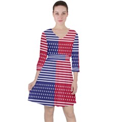 American Flag Patriot Red White Quarter Sleeve Ruffle Waist Dress