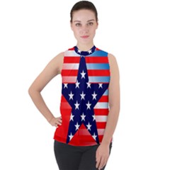 Patriotic American Usa Design Red Mock Neck Chiffon Sleeveless Top by Celenk