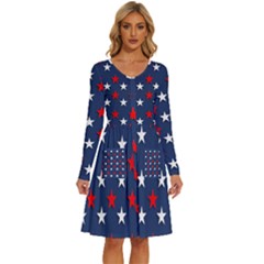 Patriotic Colors America Usa Red Long Sleeve Dress With Pocket