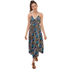 Peacock Pattern Close Up Plumage Halter Tie Back Dress  by Celenk