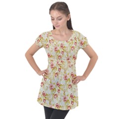 Background Pattern Flower Spring Puff Sleeve Tunic Top