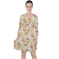 Background Pattern Flower Spring Quarter Sleeve Ruffle Waist Dress