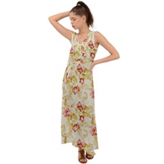 Background Pattern Flower Spring V-Neck Chiffon Maxi Dress