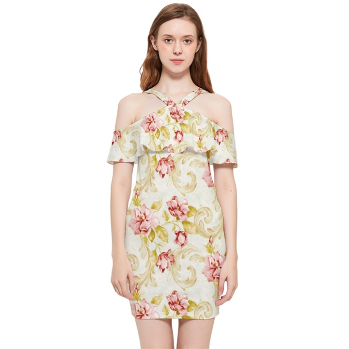Background Pattern Flower Spring Shoulder Frill Bodycon Summer Dress