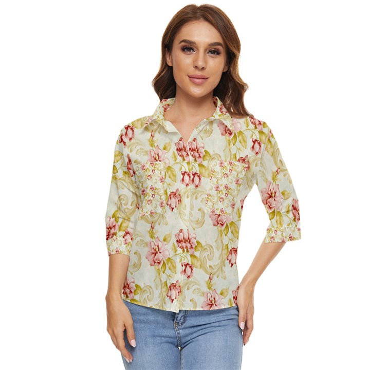 Background Pattern Flower Spring Women s Quarter Sleeve Pocket Shirt