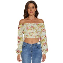 Background Pattern Flower Spring Long Sleeve Crinkled Weave Crop Top