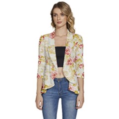 Background Pattern Flower Spring Women s 3/4 Sleeve Ruffle Edge Open Front Jacket