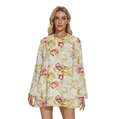 Background Pattern Flower Spring Round Neck Long Sleeve Bohemian Style Chiffon Mini Dress