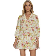 Background Pattern Flower Spring V-Neck Placket Mini Dress