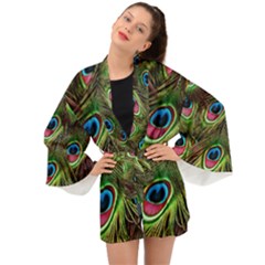 Peacock Feathers Color Plumage Long Sleeve Kimono by Celenk