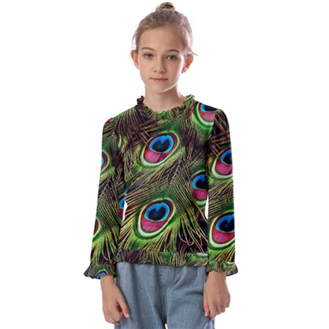 Peacock Feathers Color Plumage Kids  Frill Detail Tee by Celenk