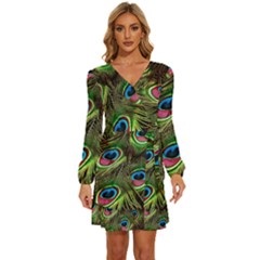 Peacock Feathers Color Plumage Long Sleeve Waist Tie Ruffle Velvet Dress