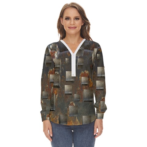 Background Metal Pattern Texture Zip Up Long Sleeve Blouse by Celenk