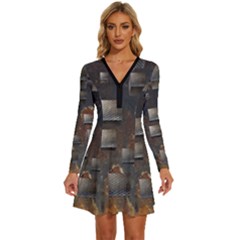 Background Metal Pattern Texture Long Sleeve Deep V Mini Dress 