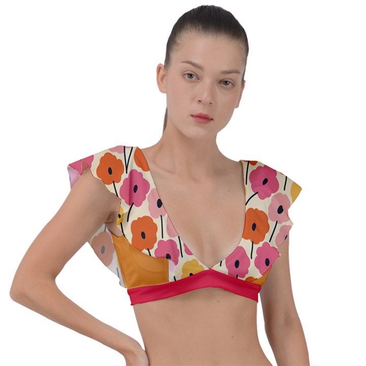 floral pattern shawl Plunge Frill Sleeve Bikini Top