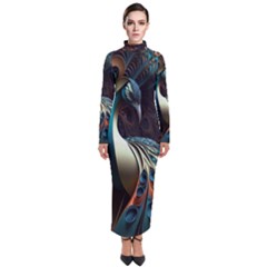 Colorful Peacock Bird Feathers Turtleneck Maxi Dress by Vaneshop