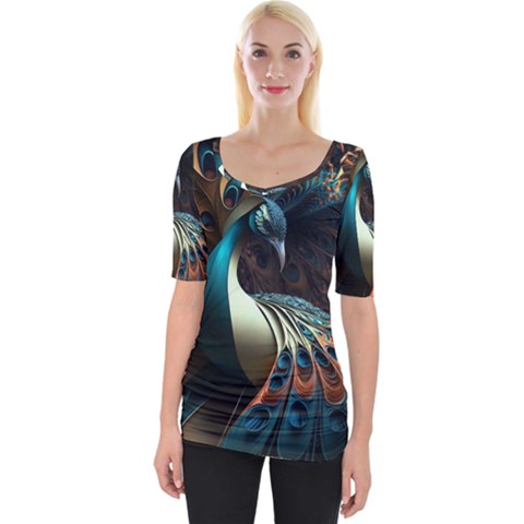 Colorful Peacock Bird Feathers Wide Neckline Tee by Vaneshop