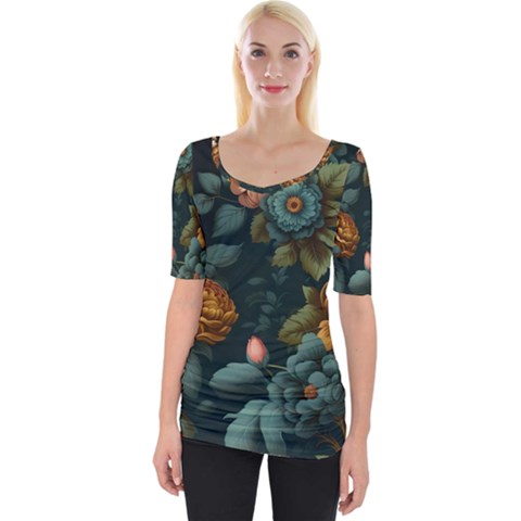 Floral Flower Blossom Turquoise Wide Neckline Tee by Vaneshop