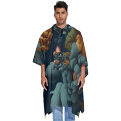 Floral Flower Blossom Turquoise Men s Hooded Rain Ponchos by Vaneshop