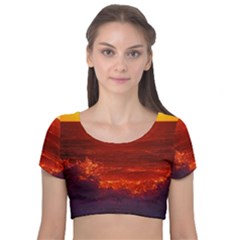 Sea Beach Sunset Sunrise Twilight Velvet Short Sleeve Crop Top  by Vaneshop