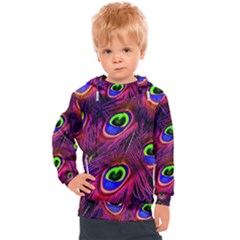 Peacock Feathers Color Plumage Kids  Hooded Pullover by Celenk