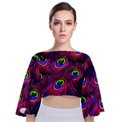 Peacock Feathers Color Plumage Tie Back Butterfly Sleeve Chiffon Top