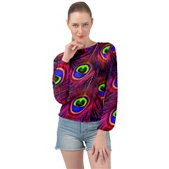 Peacock Feathers Color Plumage Banded Bottom Chiffon Top by Celenk