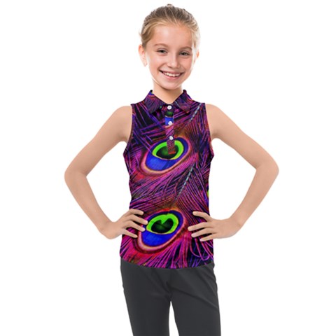 Peacock Feathers Color Plumage Kids  Sleeveless Polo Tee by Celenk