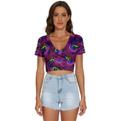 Peacock Feathers Color Plumage V-neck Crop Top by Celenk