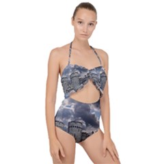 Abstract Wood Design Floor Texture Scallop Top Cut Out Swimsuit