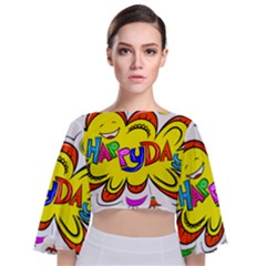 Abstract Wood Design Floor Texture Tie Back Butterfly Sleeve Chiffon Top