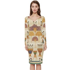 Egyptian Paper Papyrus Hieroglyphs Long Sleeve V-neck Bodycon Dress 