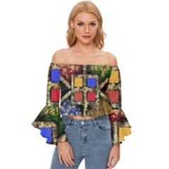 Acrylic Abstract Art Design  Off Shoulder Flutter Bell Sleeve Top by Rbudhiya
