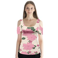 Floral Vintage Flowers Butterfly Sleeve Cutout Tee 