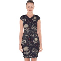 Grunge Seamless Pattern With Skulls Capsleeve Drawstring Dress 