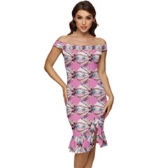  Off Shoulder Ruffle Split Hem Bodycon Dress W/ Pink Abstract Design by VIBRANT