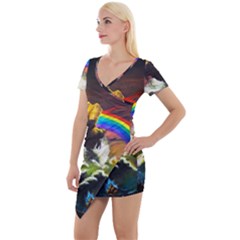 Rainbow Color Short Sleeve Asymmetric Mini Dress