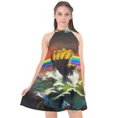 Rainbow Color Halter Neckline Chiffon Dress 